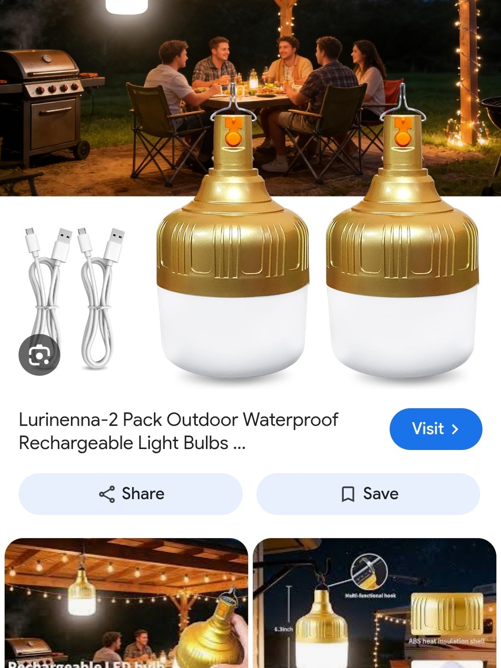 Gold Rechargeable Waterproof LED Bulb - 2 Pack